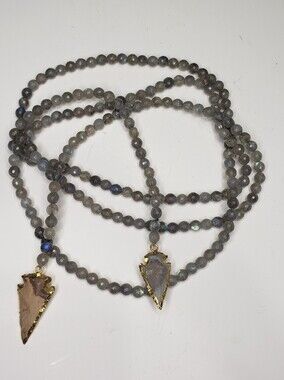 High Quality Labradorite Beaded Arrowhead Lariat Necklace - Gold Accents